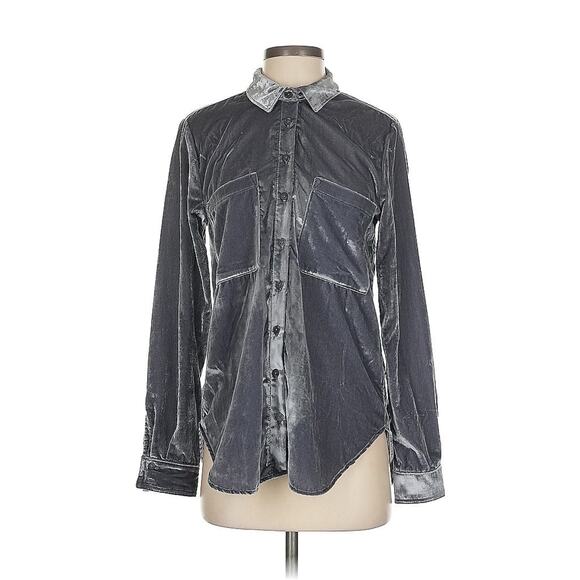 Anthropologie Tops - Anthropologie Pilcro Crushed Velvet Button Down Shirt SZ XL GRAY SILVER HOLIDAY
